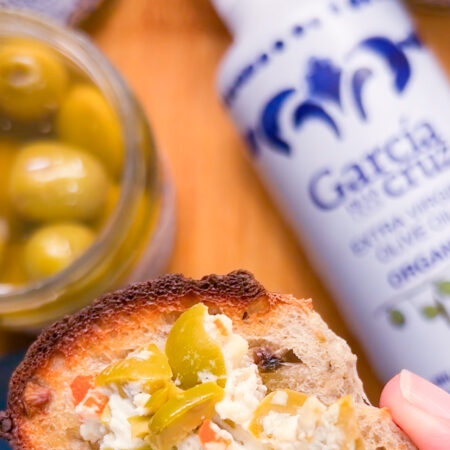 Garcia de la Cruz stuffed olive crostini with olive oil infused cocktail