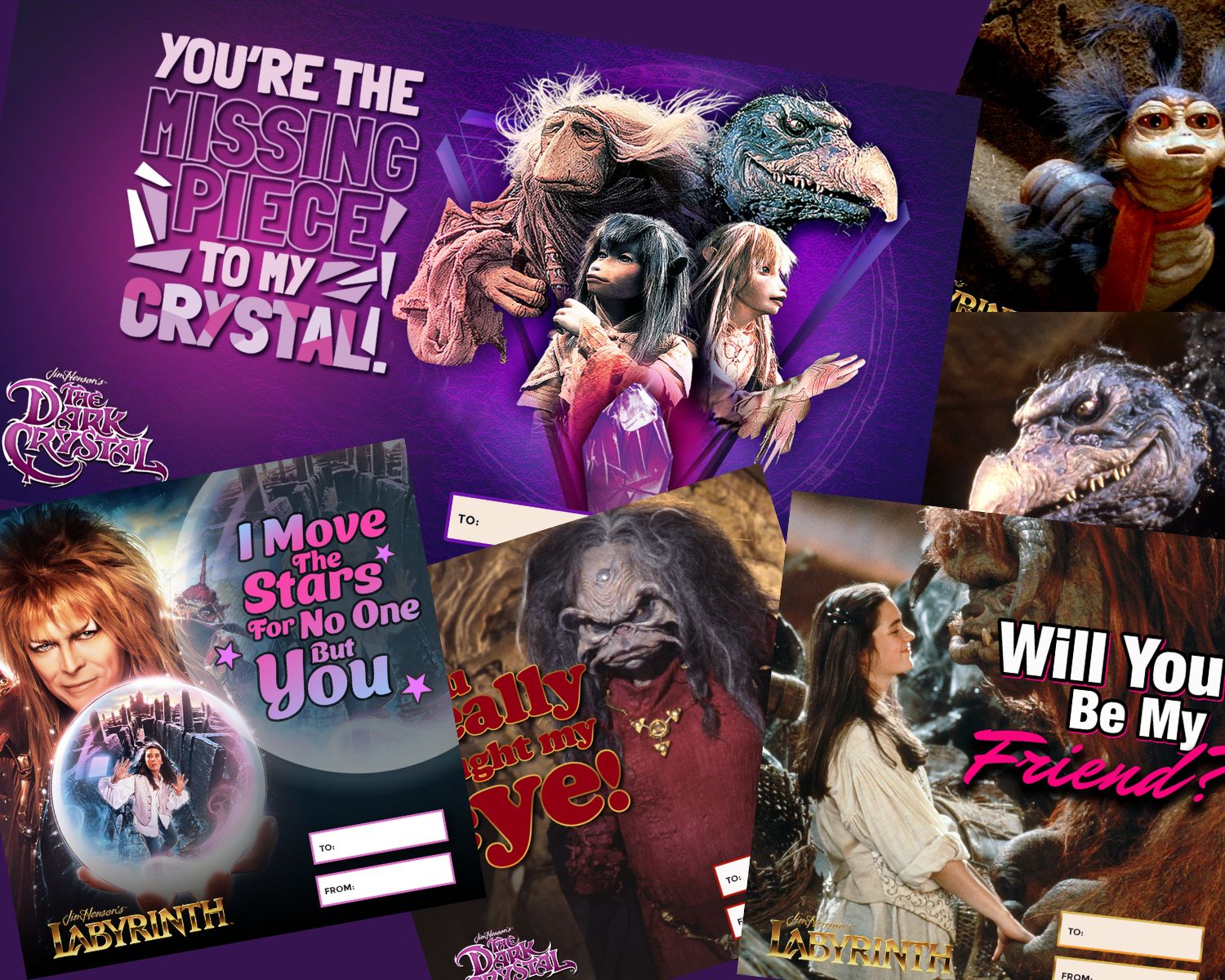 Valentine's Day cards featuring David Bowie in Labyrinth and Jim Henson's The Dark Crystal now streaming in 4K